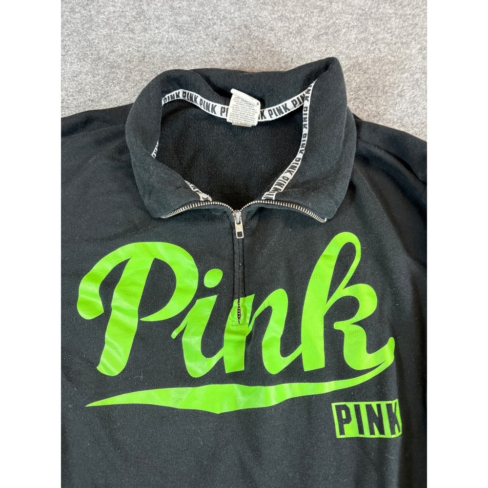 Victorias Secret PINK Sweatshirt Womens Large Black Neon Green 1/4 Zip Pullover